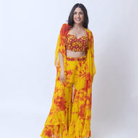 Tie Dye Sharara Set with heavy embroidery blouse and jacket-Raas