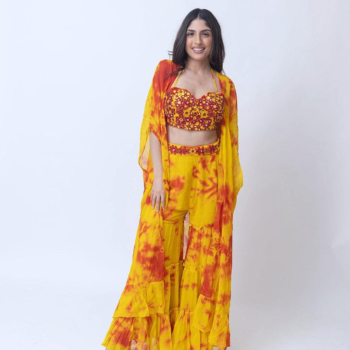 Tie Dye Sharara Set with heavy embroidery blouse and jacket-Raas
