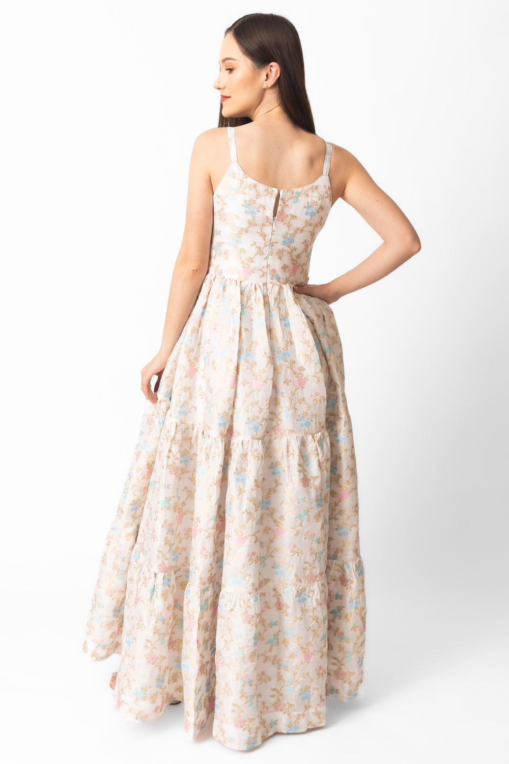 Tierney Tiered Floral Dress: long viscose dress with jacquard weaving, scoop neck, and back zipper.