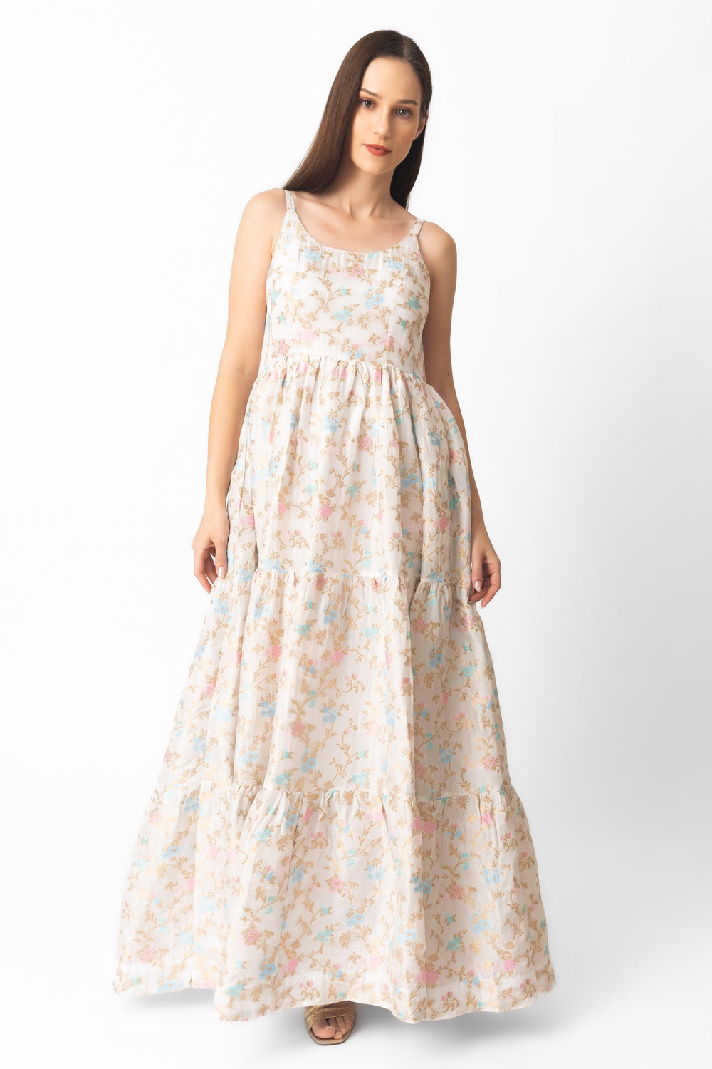 Tierney Tiered Floral Dress: long, flowing white dress with delicate pastel floral jacquard weaving, scoop neck.
