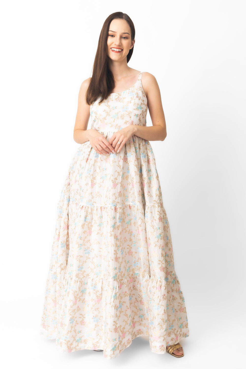 Tiered floral maxi dress with delicate jacquard weaving, scoop neck, and graceful flow.