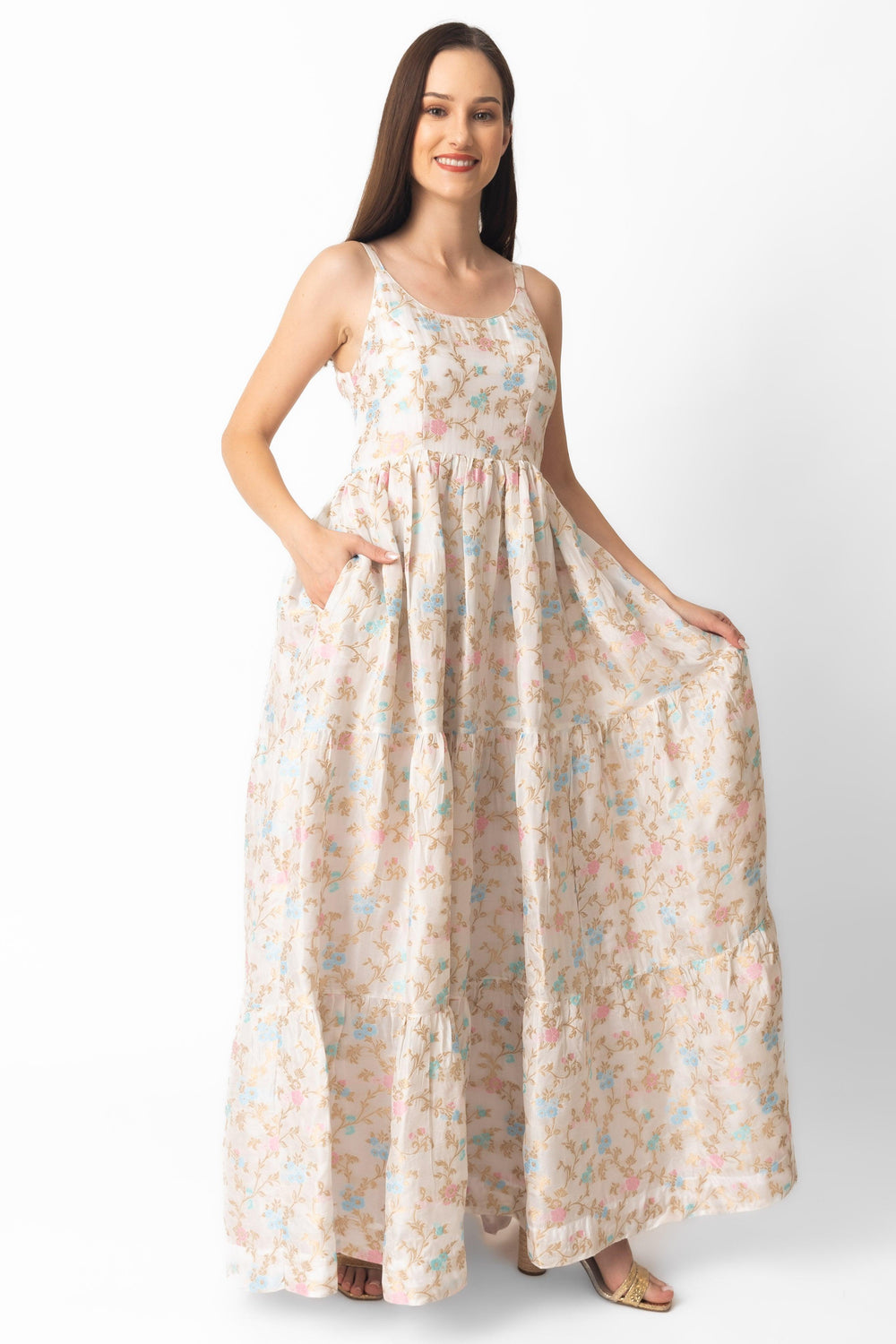 Tierney Tiered Floral Dress in luxurious silk with intricate jacquard weaving, scoop neck, and graceful tiered design.