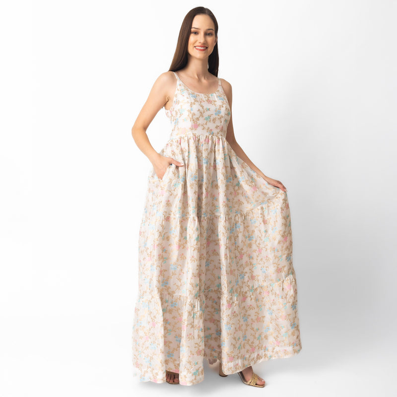Tierney Tiered Floral Dress in luxurious silk with intricate jacquard weaving, scoop neck, and graceful tiered design.