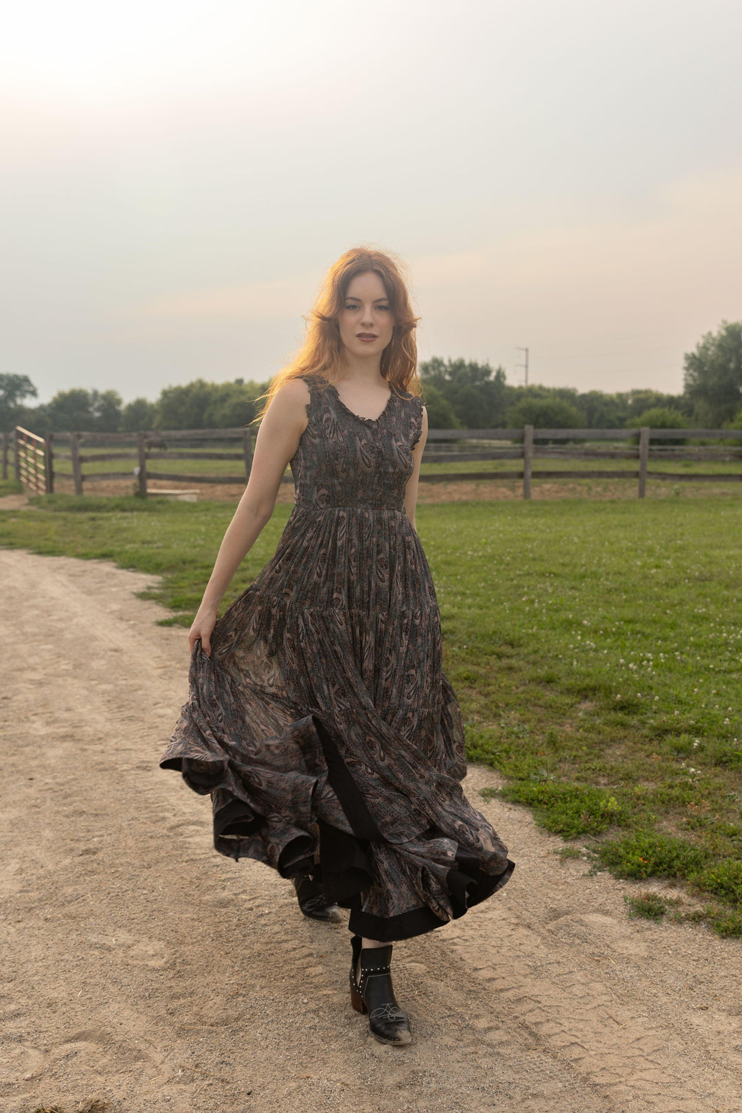 Tiered Gown with Paisley Print-Raas USA