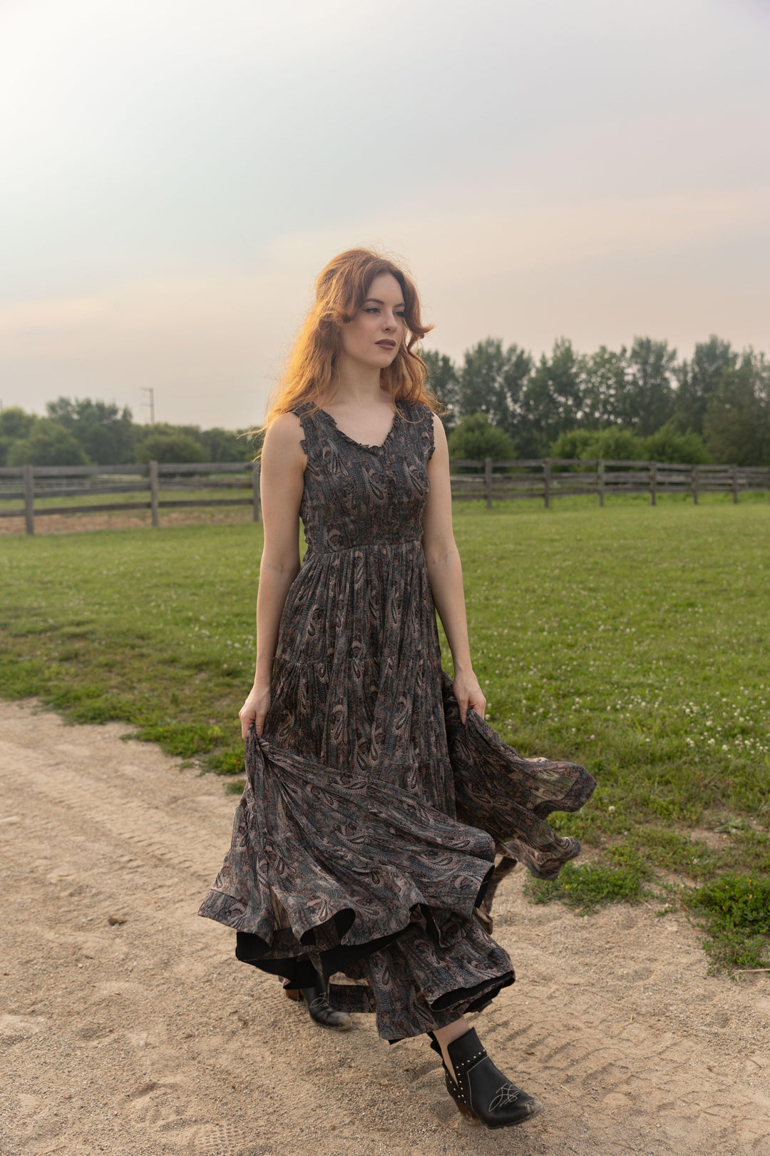 Tiered Gown with Paisley Print-Raas USA