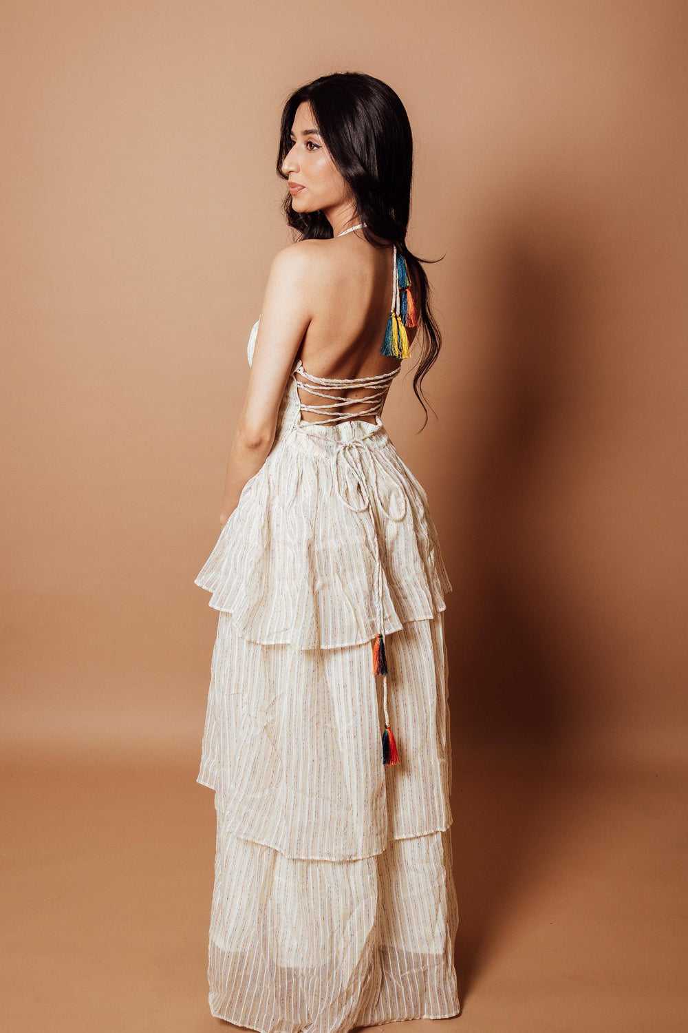Wynn Tiered White Long Dress in off-white georgette with a halter neck and tiered design.
