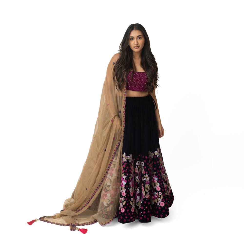 Velvet Lehenga with Floral Resham Embroidery-[bridal_lehenga]-Raas