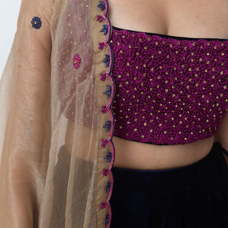 Velvet Lehenga with Floral Resham Embroidery-[bridal_lehenga]-Raas