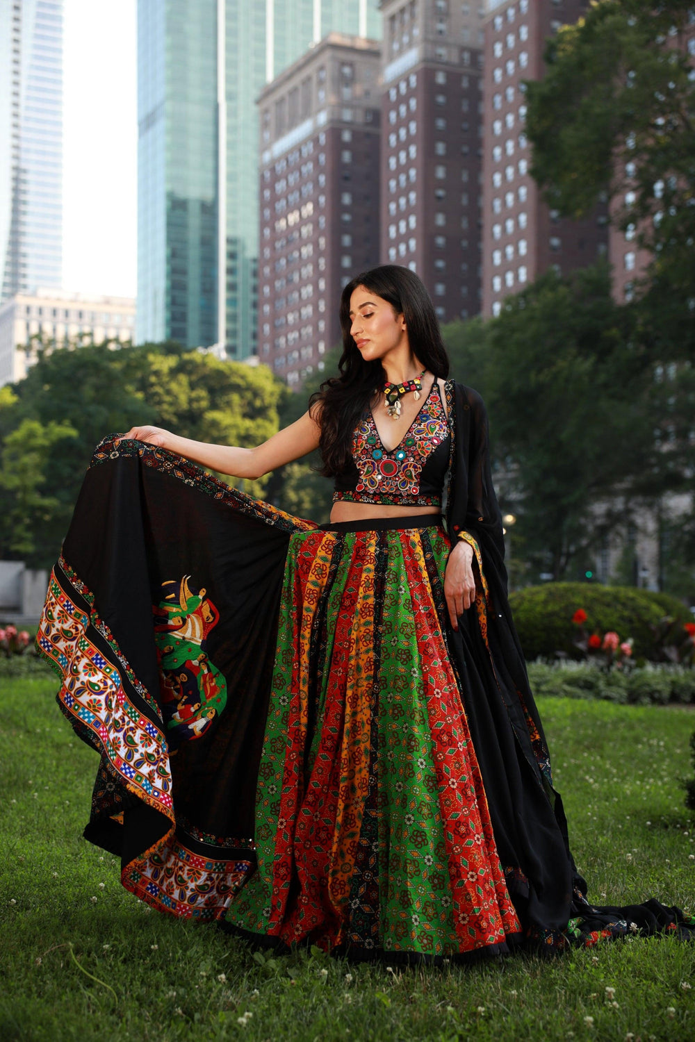 Vibrant Multi-Color Full Flare Chaniya Choli-[mirror work]-Raas