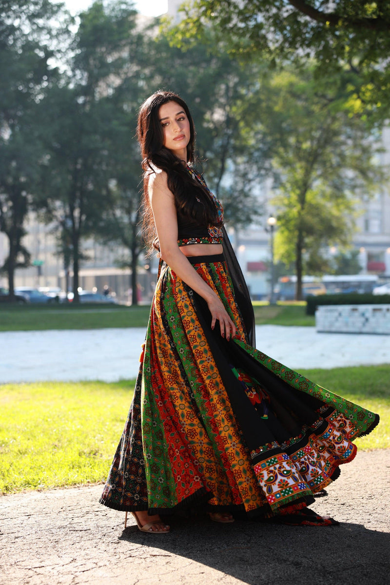 Vibrant Multi-Color Full Flare Chaniya Choli-[mirror work]-Raas