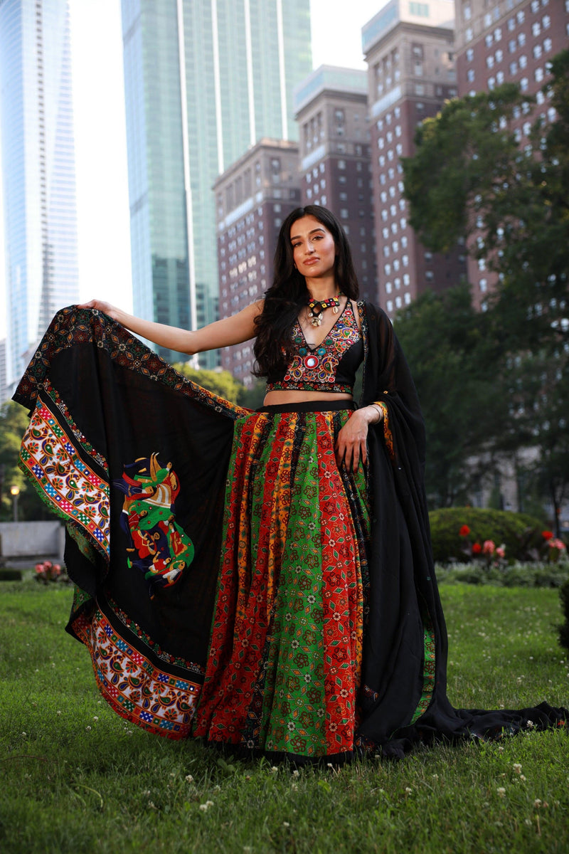 Vibrant Multi-Color Full Flare Chaniya Choli-[mirror work]-Raas