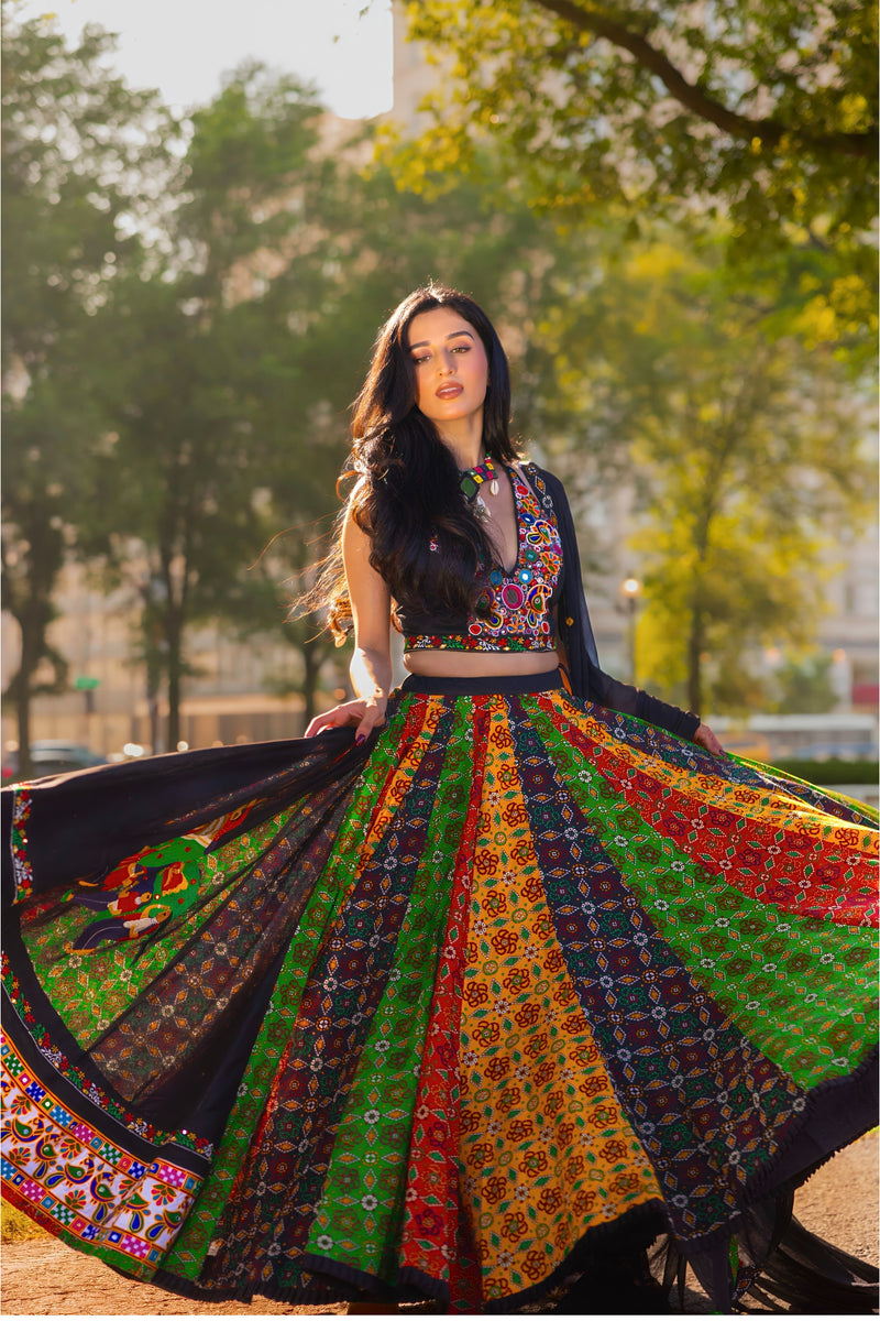 Vibrant Multi-Color Full Flare Chaniya Choli-[mirror work]-Raas