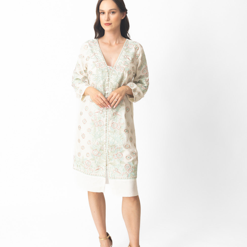 WHITE LINEN DRESS WITH EMBROIDERY