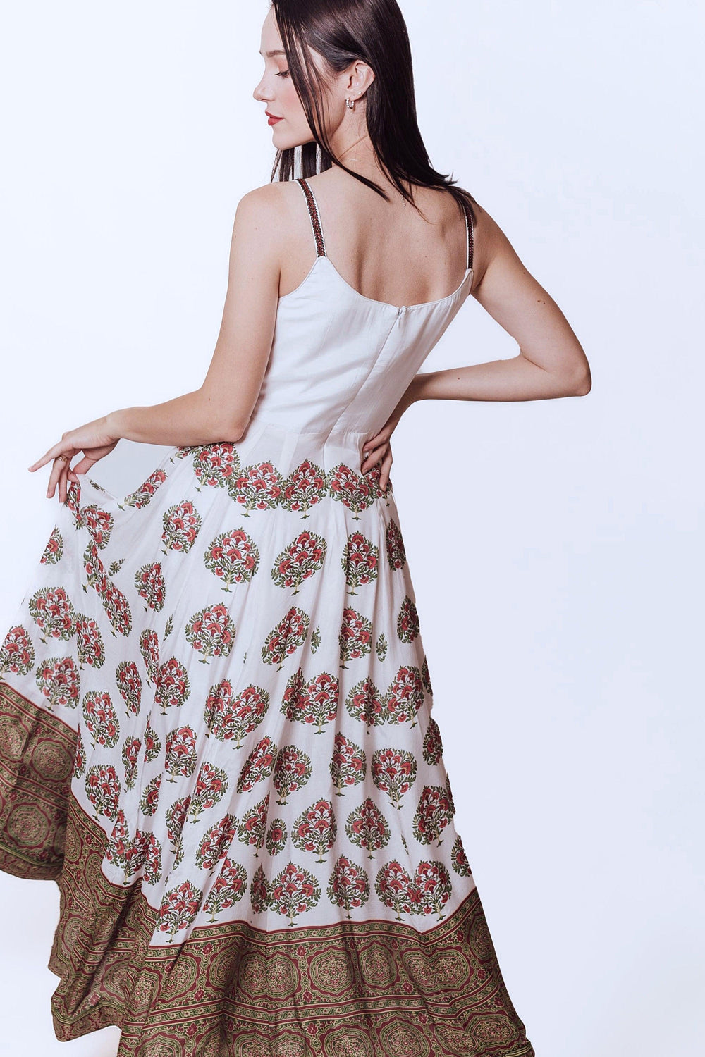 White silk Ajrakh print gown with embroidered bodice and floral printed skirt.