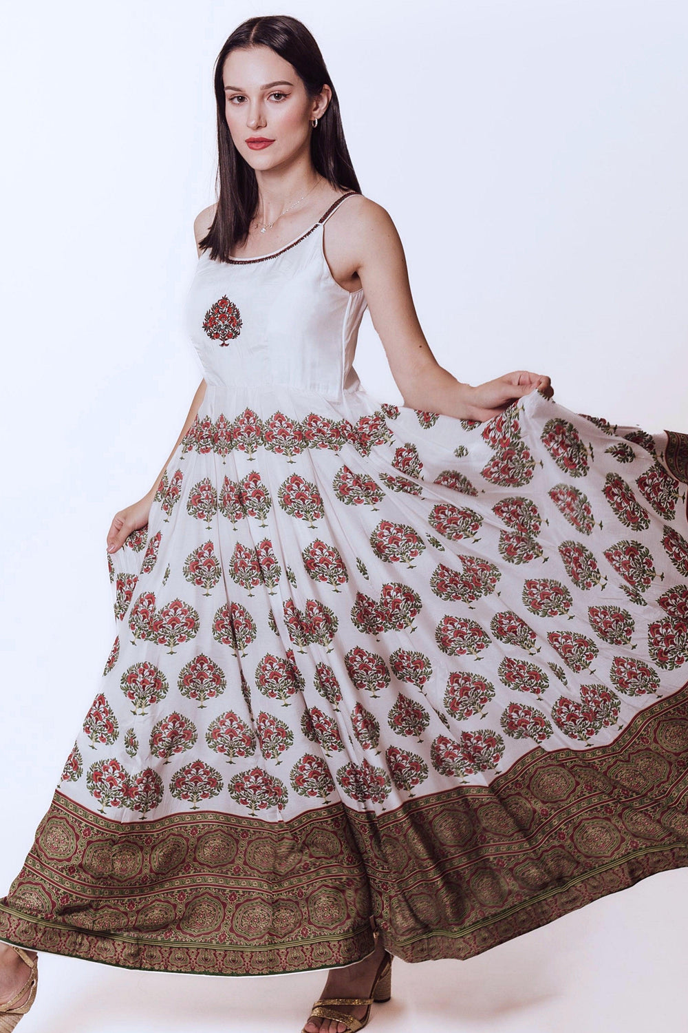 Elegant off-white silk Linnea Gown with embroidered bodice, printed skirt, and ajrakh print hem.