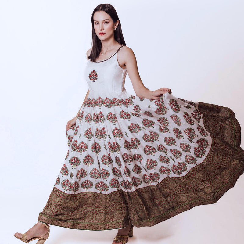 Elegant off-white silk Linnea Gown with embroidered bodice, printed skirt, and ajrakh print hem.
