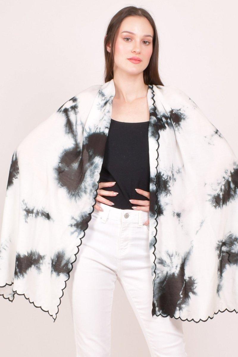 White & Black Tie - Dye Shibori Scarf With Cutwork Border scarves & stoles RAAS