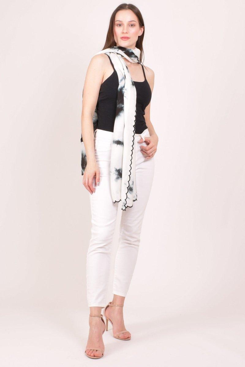 White & Black Tie - Dye Shibori Scarf With Cutwork Border scarves & stoles RAAS