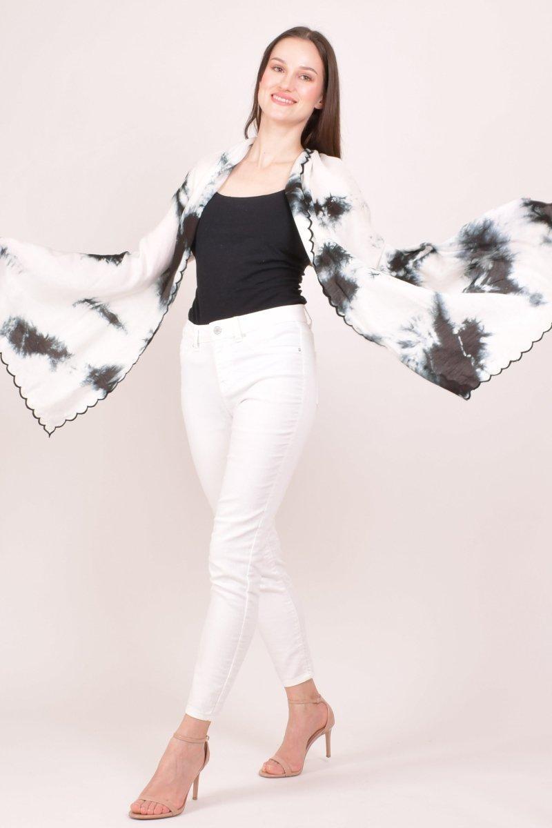 White & Black Tie - Dye Shibori Scarf With Cutwork Border scarves & stoles RAAS