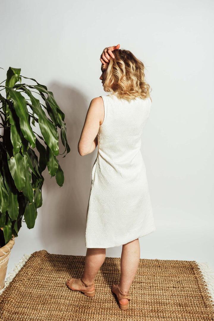 White Blazer Dress with Self-Thread Embroidery-Raas USA