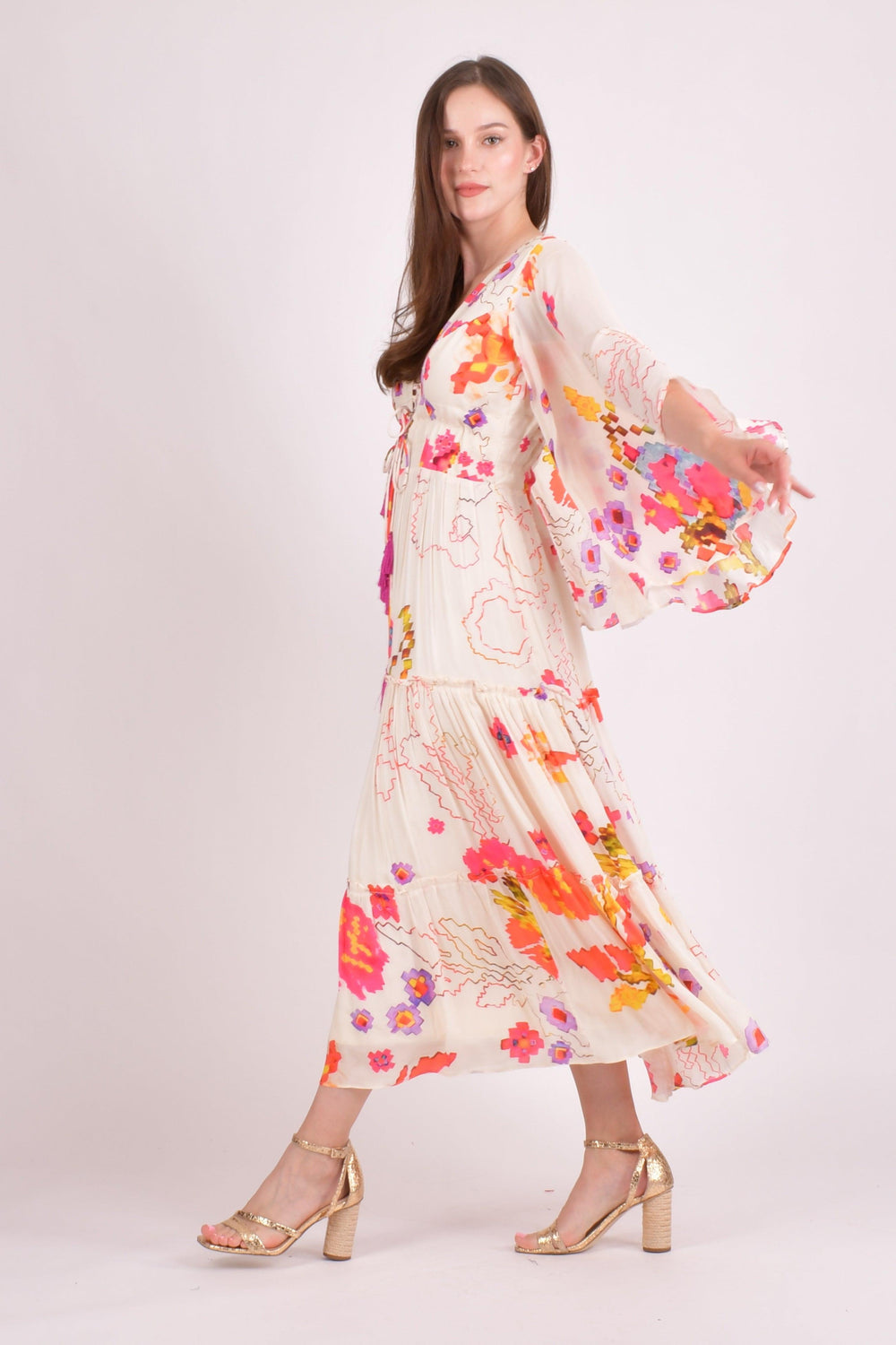 White floral ruffle chiffon maxi dress with angel sleeves and watercolor prints.