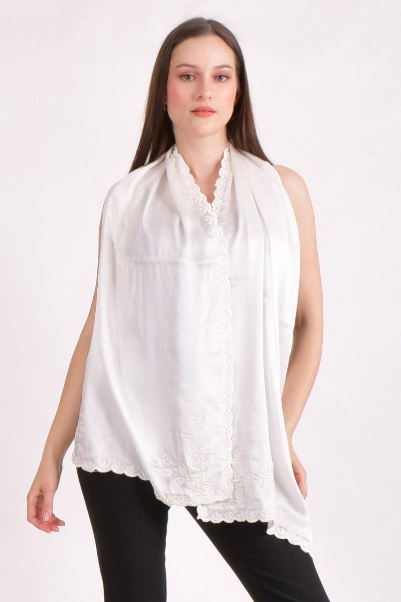 White Hand Embroidered Silk Scarf with Resham, Pearl & Cutwork Border scarves & stoles RAAS