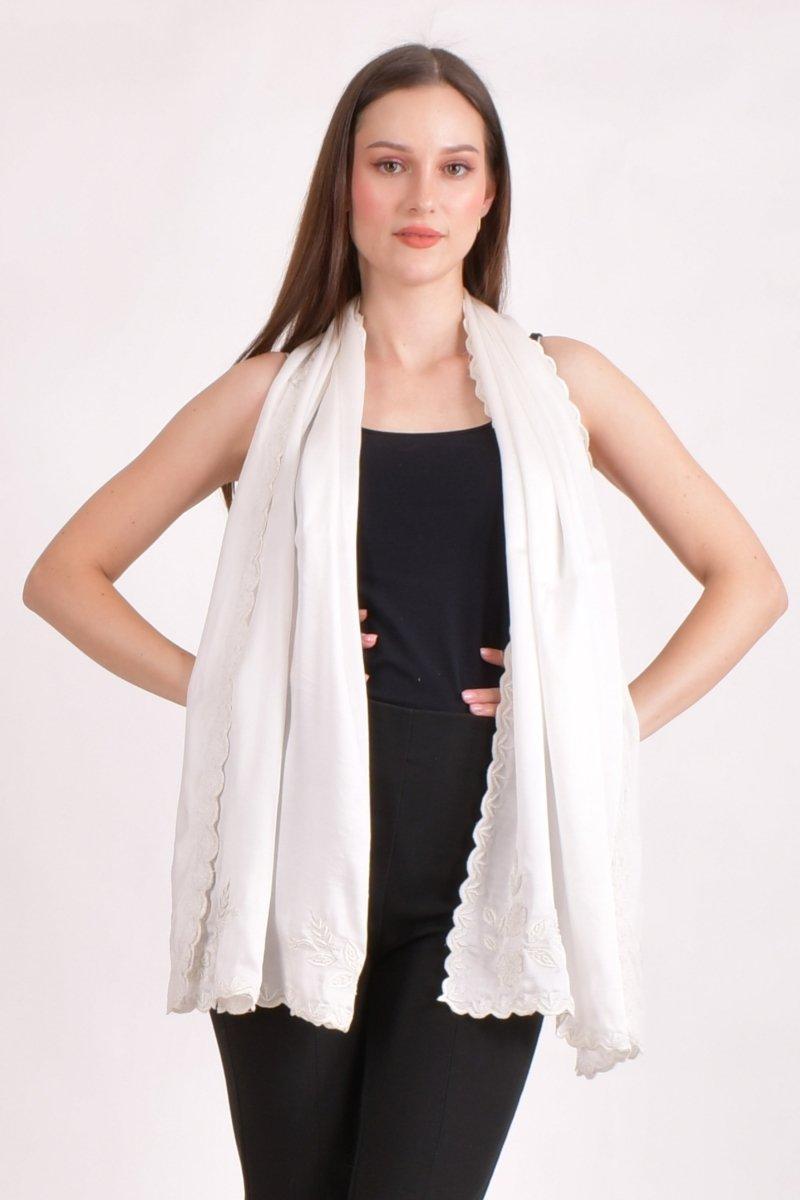 White Hand Embroidered Silk Scarf with Resham, Pearl & Cutwork Border scarves & stoles RAAS