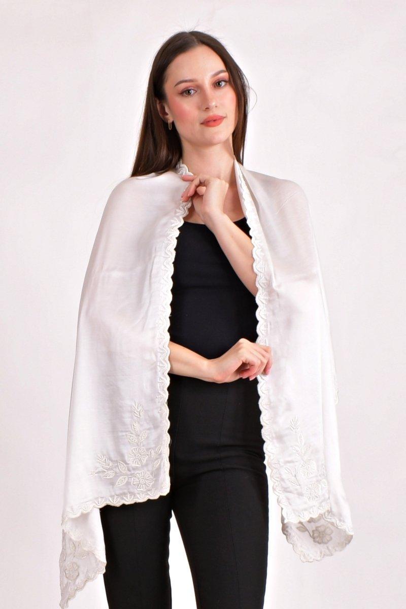 White Hand Embroidered Silk Scarf with Resham, Pearl & Cutwork Border scarves & stoles RAAS