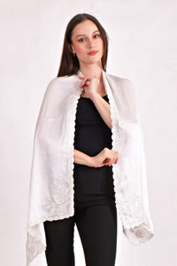 White Hand Embroidered Silk Scarf with Resham, Pearl & Cutwork Border scarves & stoles RAAS