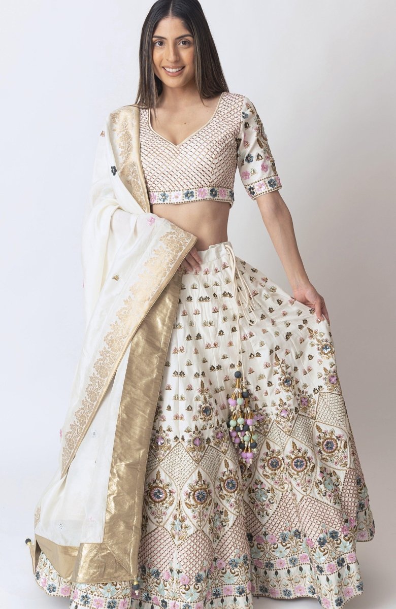 White Lehenga Choli With Hand Embroidery-[bridal_lehenga]-Raas