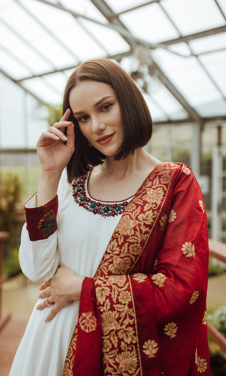 White Long Dress with Hand Embroidery-Raas USA