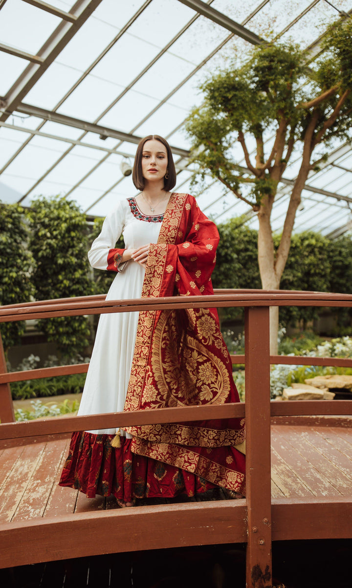 White Long Dress with Hand Embroidery-Raas USA
