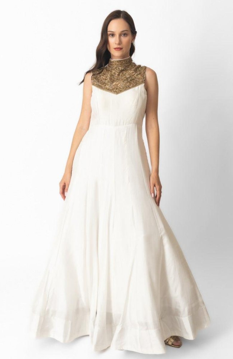 White Silk Gown with Hand Embroidery