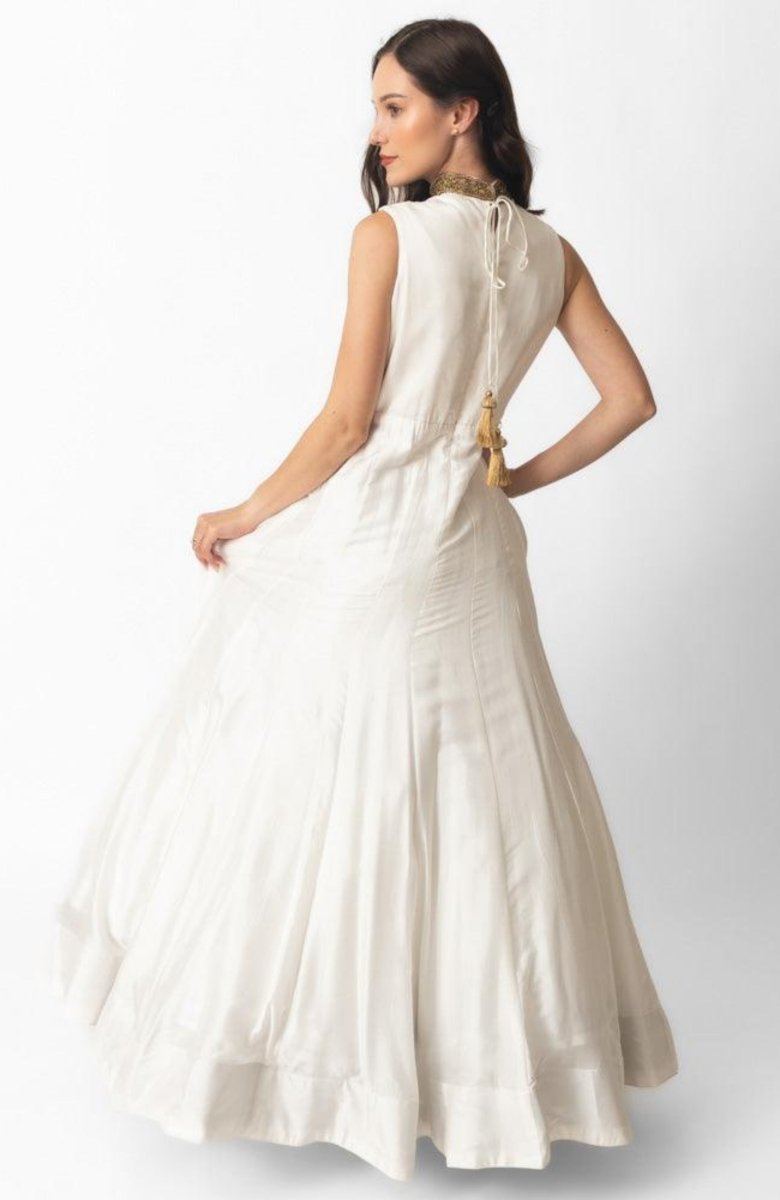 White Silk Gown with Hand Embroidery