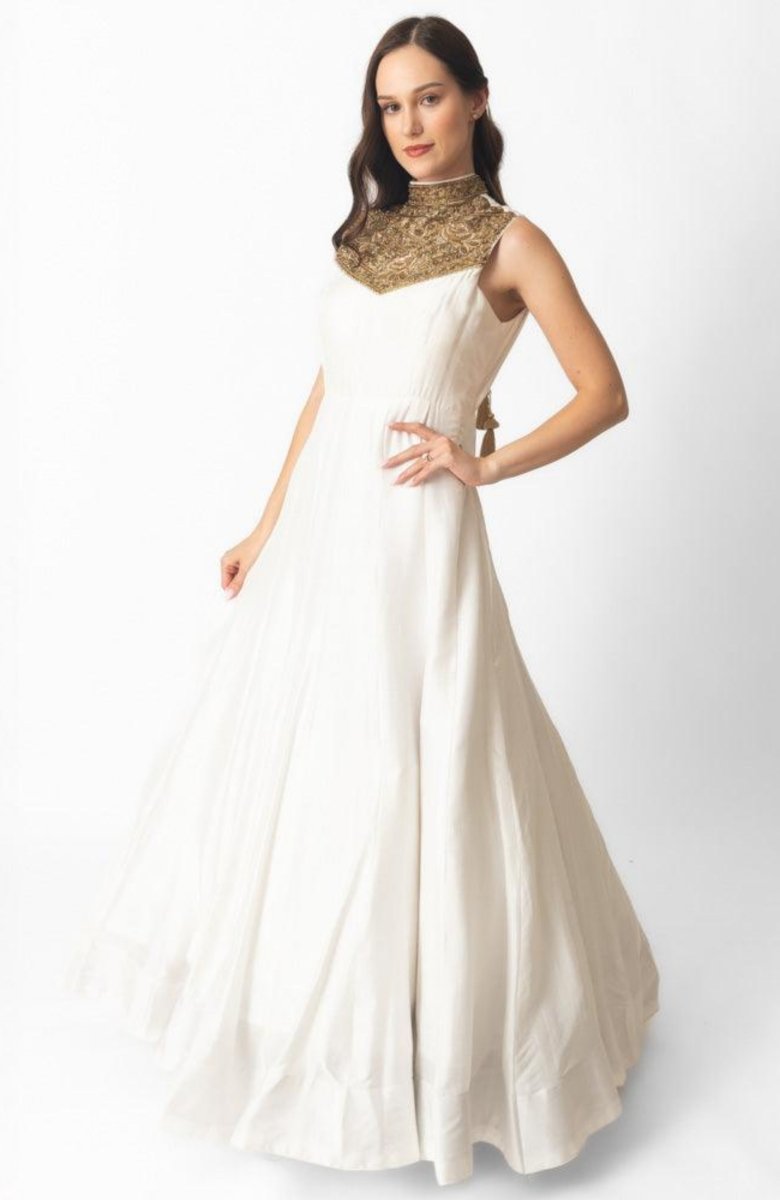 White Silk Gown with Hand Embroidery