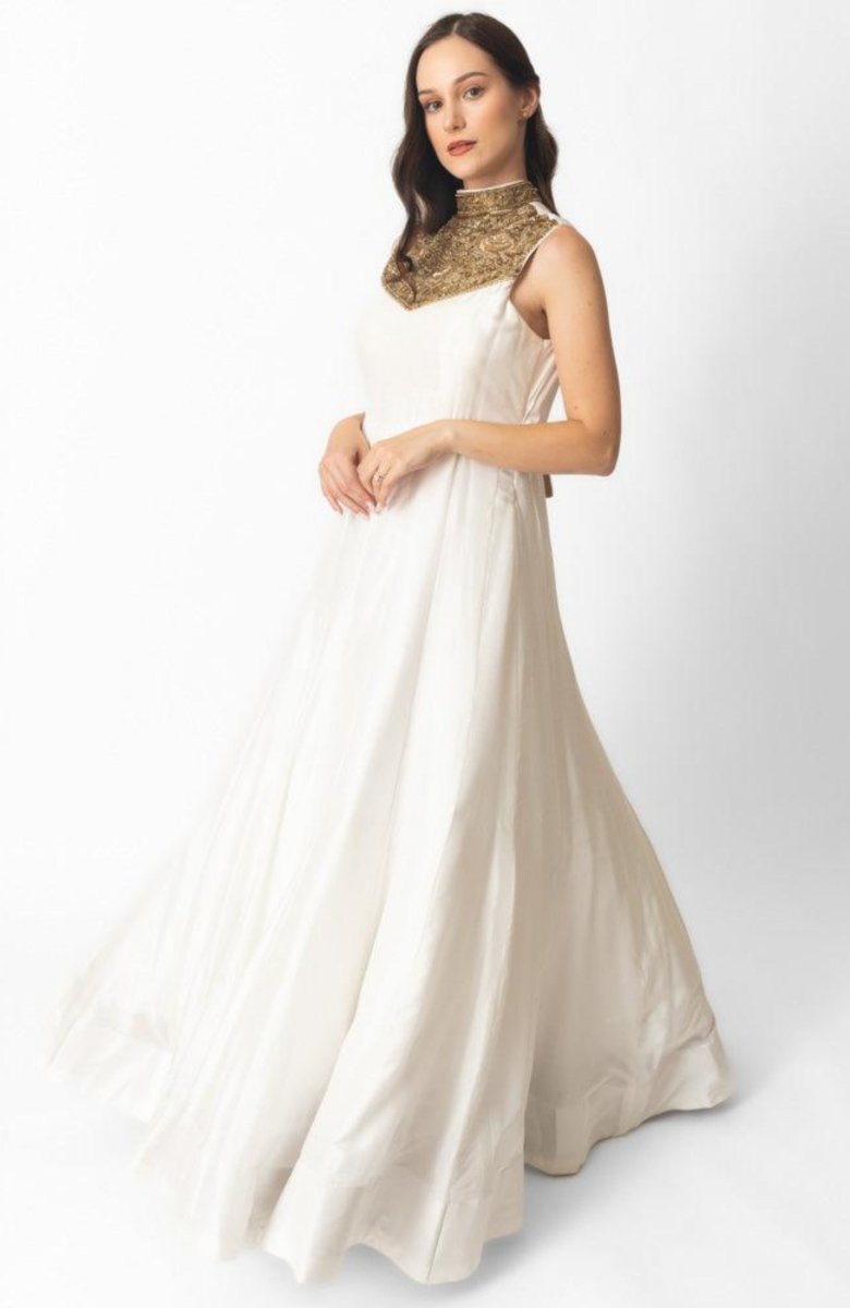 White Silk Gown with Hand Embroidery