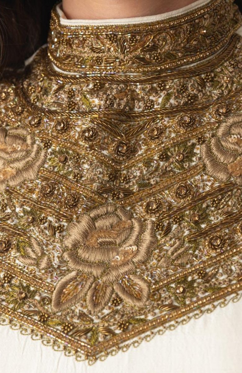 White Silk Gown with Hand Embroidery