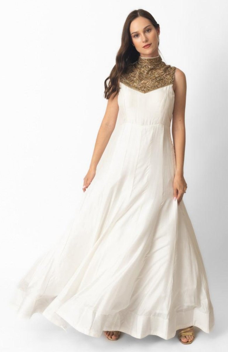 White Silk Gown with Hand Embroidery