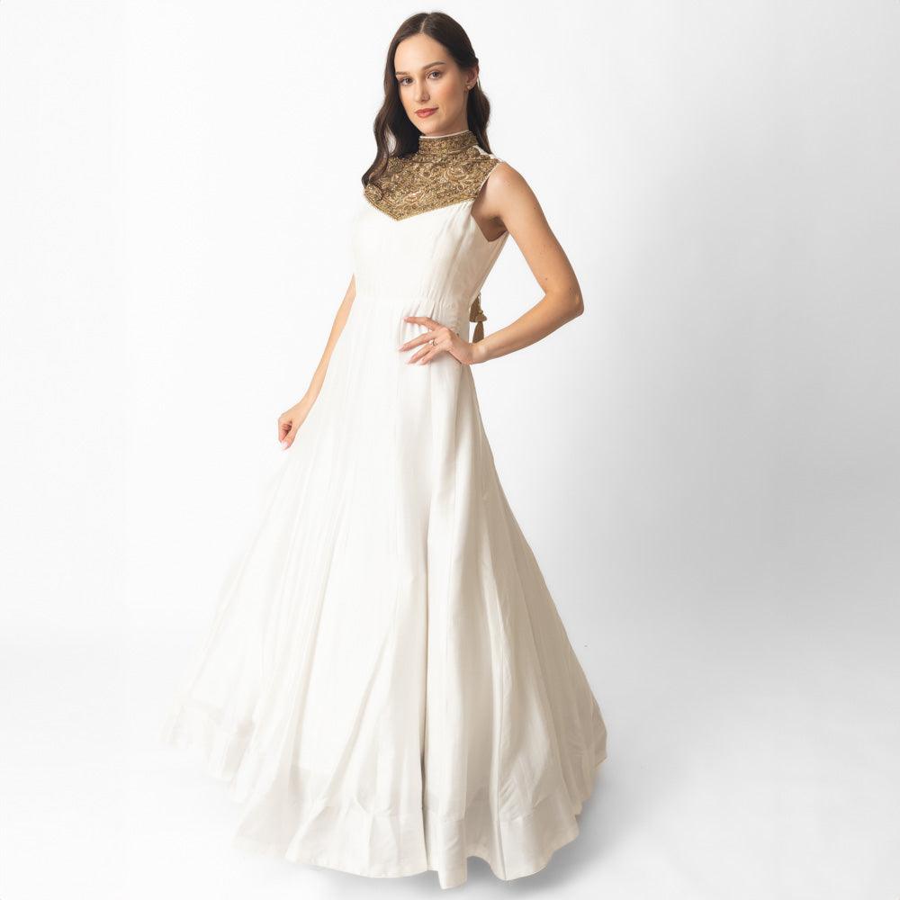 White Silk Gown with Hand Embroidery-Raas USA