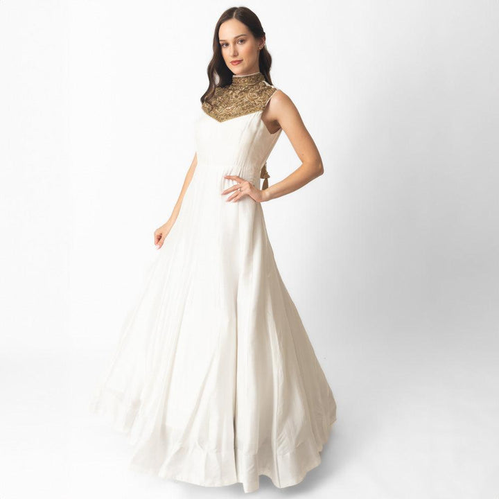 White Silk Gown with Hand Embroidery-Raas USA