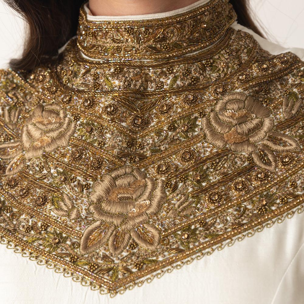 White Silk Gown with Hand Embroidery-Raas USA