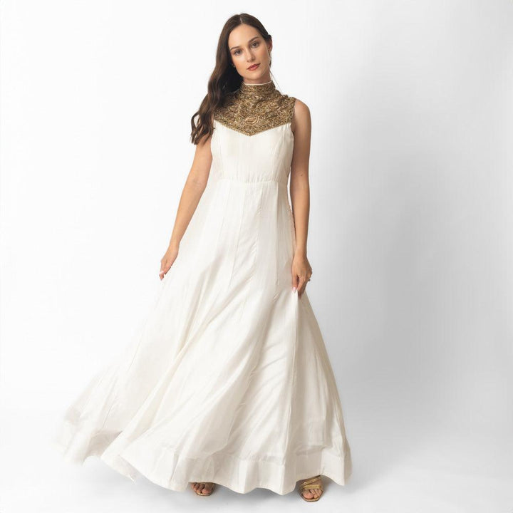 White Silk Gown with Hand Embroidery-Raas USA