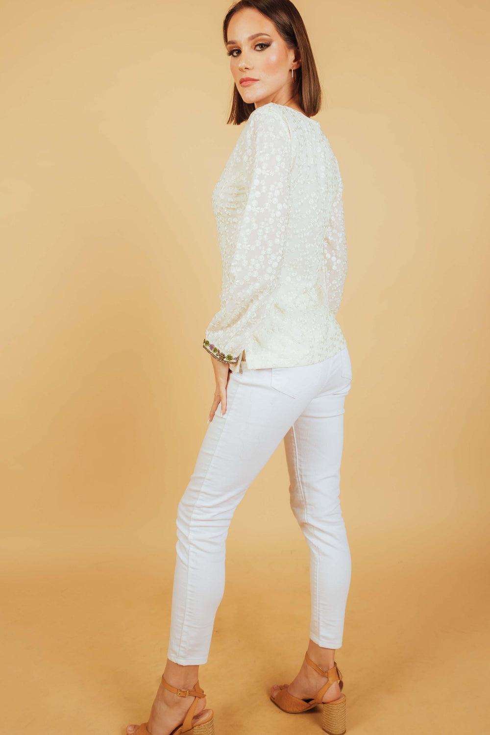 White Top with All - Over Self - Thread Embroidery TOPS & TUNICS RAAS