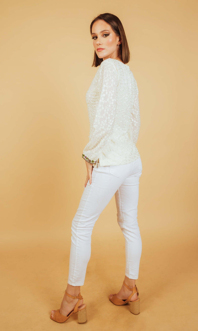 White Top with All - Over Self - Thread Embroidery TOPS & TUNICS RAAS