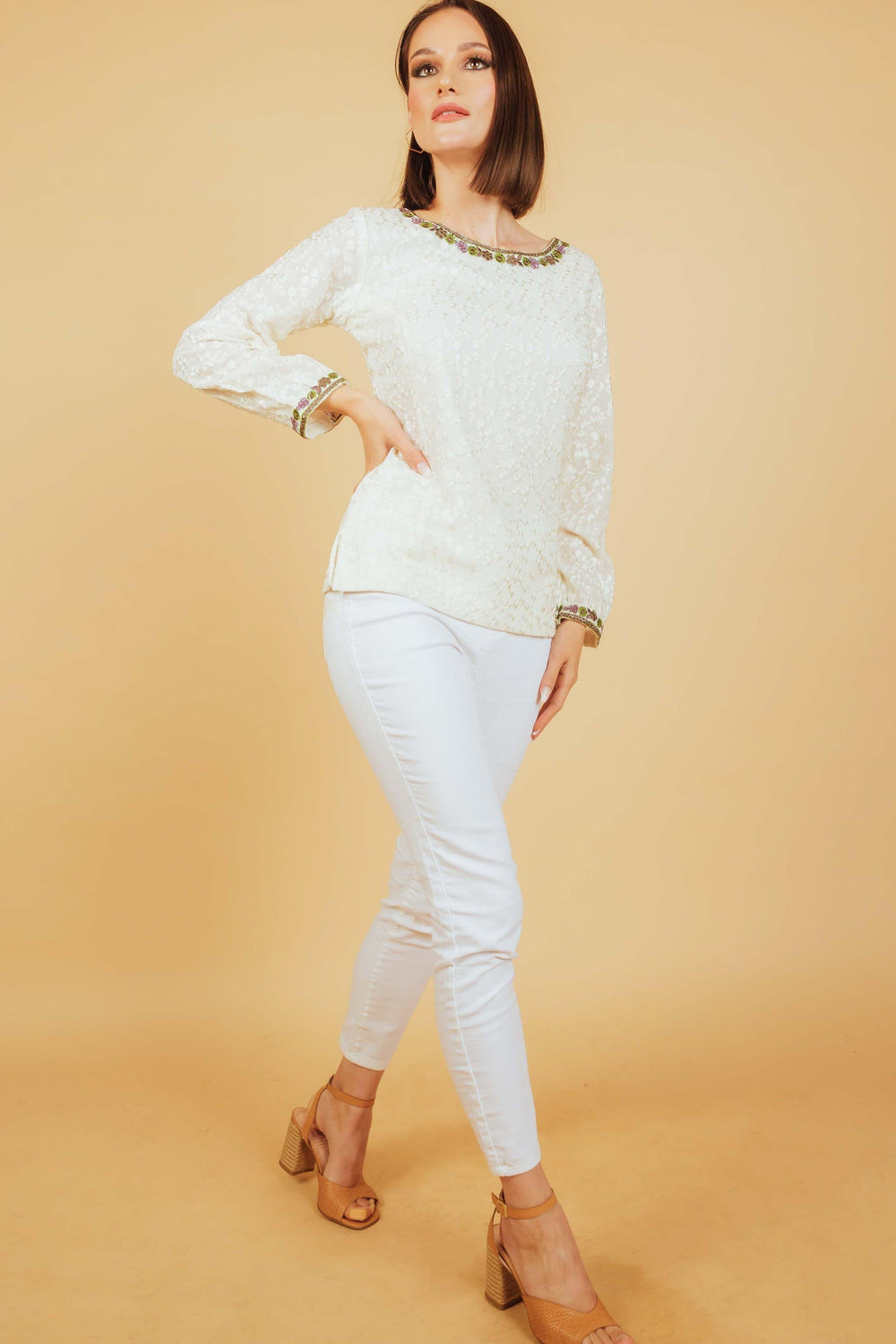 White Top with All - Over Self - Thread Embroidery TOPS & TUNICS RAAS