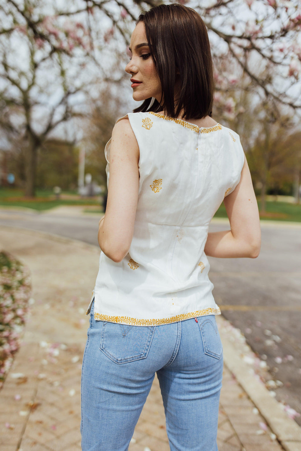 White Top with Yellow Hand - Block Print TOPS & TUNICS RAAS