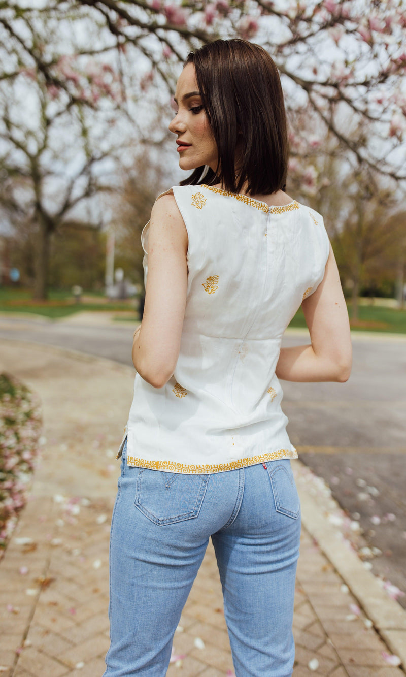 White Top with Yellow Hand - Block Print TOPS & TUNICS RAAS