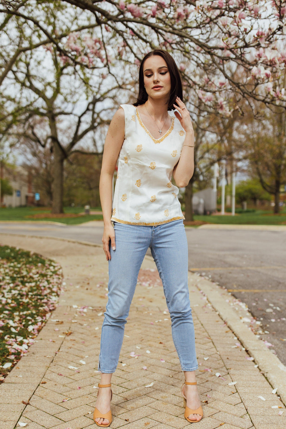 White Top with Yellow Hand - Block Print TOPS & TUNICS RAAS