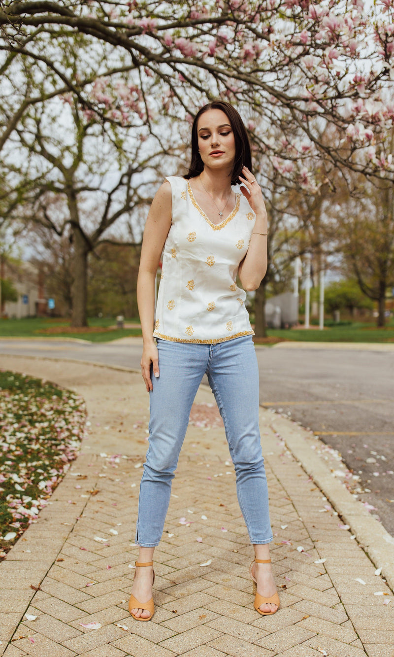 White Top with Yellow Hand - Block Print TOPS & TUNICS RAAS