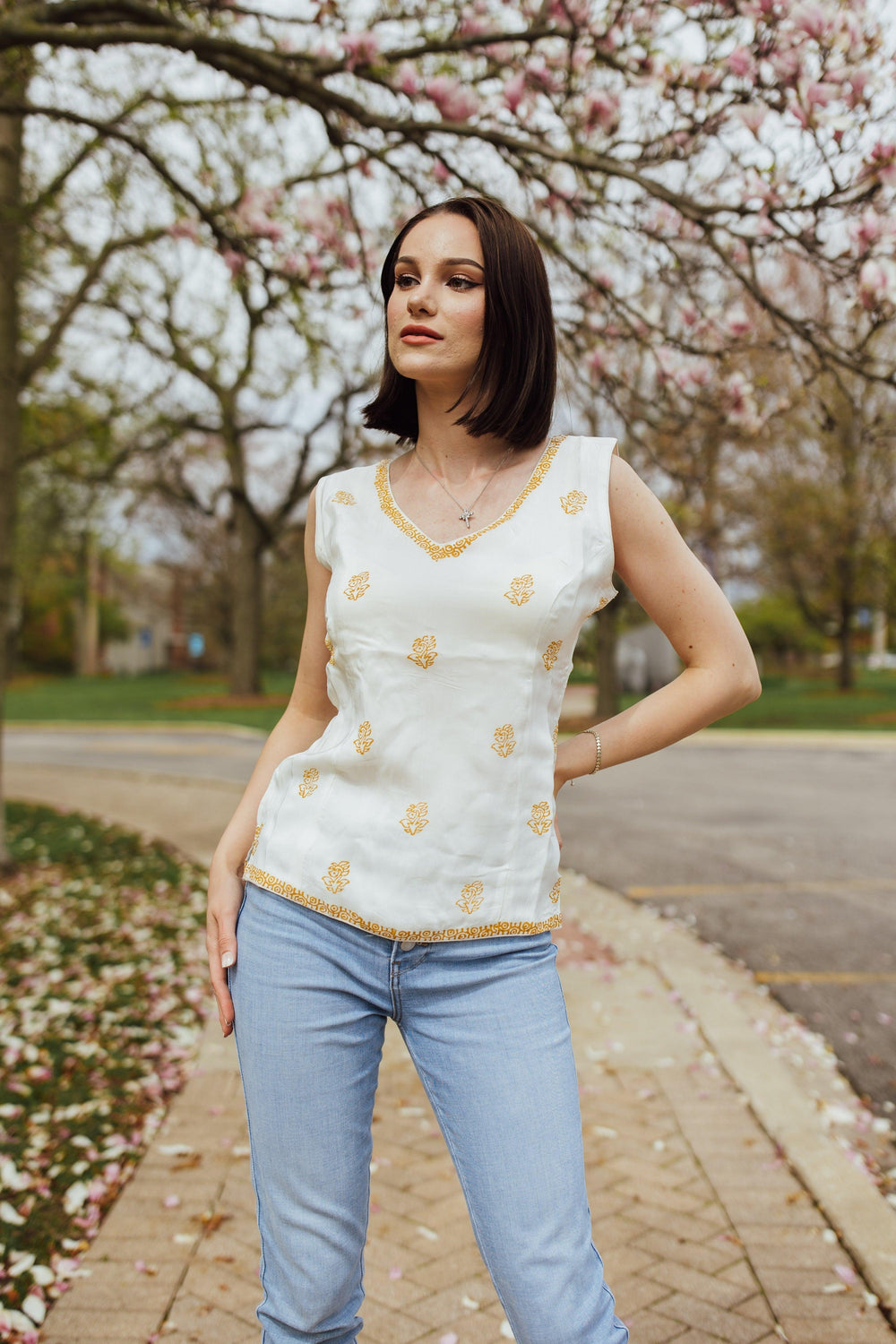 White Top with Yellow Hand - Block Print TOPS & TUNICS RAAS